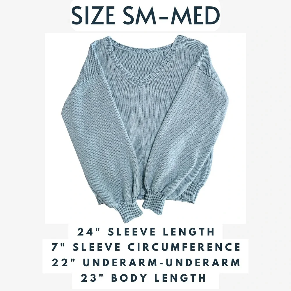 Handmade Knit Sky Blue‎ Oversized Sweater | Cozy V-Neck Pullover - Picture 2 of 8